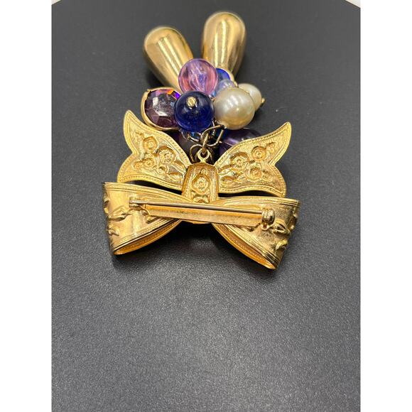 Vintage Gold Tone Bow Teardrops Blues and Purples Dangle Brooch - Picture 7 of 8